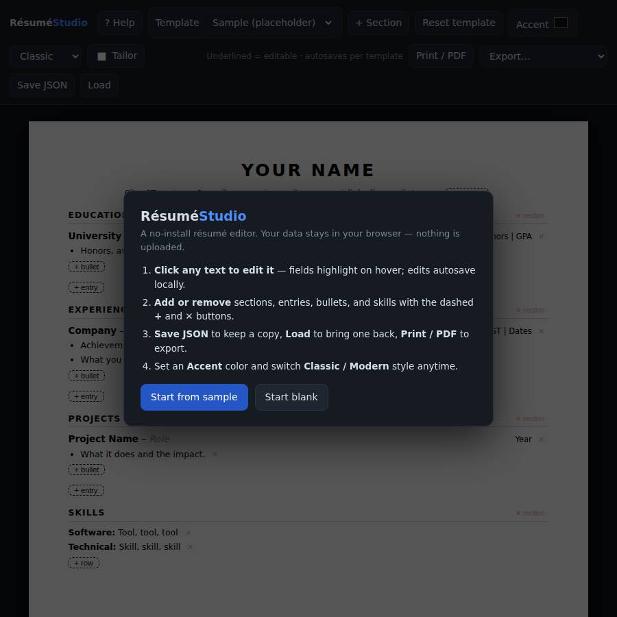 Résumé Studio preview