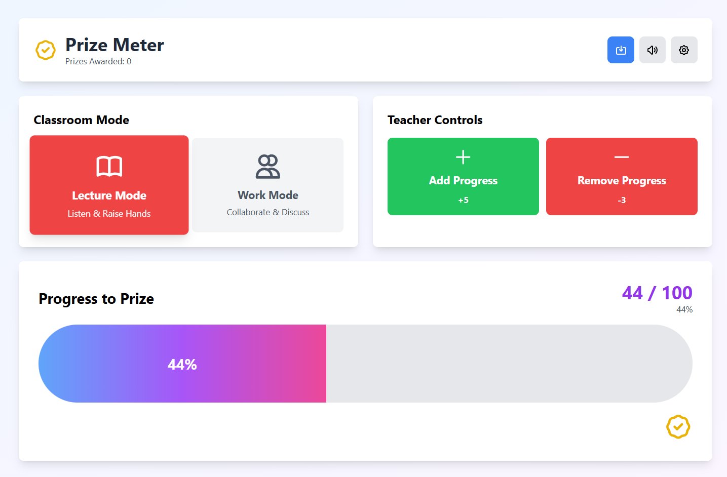 TreoTools Prize Meter facilitator dashboard