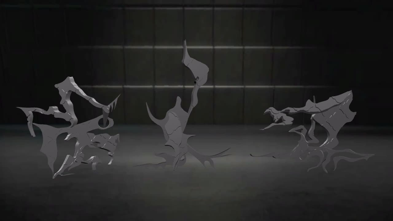 The three sculptures in the gallery, final render